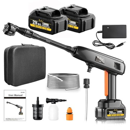 Nettoyeur Haute Pression sans Fil Portable, Lot de 2 Batteries | 1200 PSI, 336 l/h, Buse 6 en 1, Canon à mousse réglable, Pour v