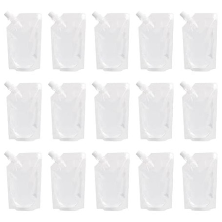 Lot de 15 Pochettes pour Boissons et 2 Entonnoirs, Pochette de Boisson en Plastique Réutilisables, Sachets de Boissons Transpare
