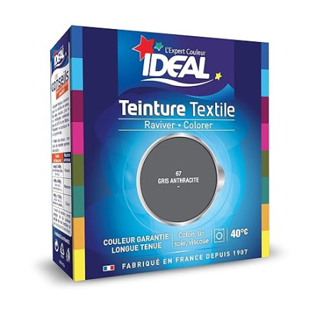 IDEAL - Teinture Tissus Liquide Maxi 67 Gris Anthracite - 75 ml + 1 Dose de Fixateur 100 g - Teinture Textile Longue Tenue - Cot