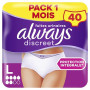 Always Discreet Culottes Incontinence Femme L x40 Pack 1 Mois | Normal 5 Gouttes. Sous-vêtements blancs. Protection très absorba