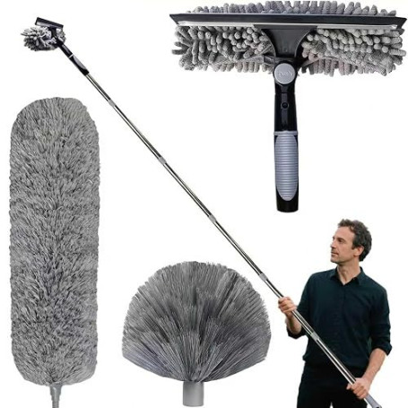 Plumeau Télescopique 6m, Manche, Tête de Loup et Balai Toile d'Araignée | 3 têtes: perche 6 m sans échelle, tête de loup 360° po