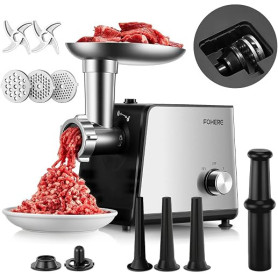 FOHERE Hachoir à Viande Électrique 3200W Max avec 3 Grilles | Hachoir professionnel en acier inox avec 2 lames, 3 tubes à saucis