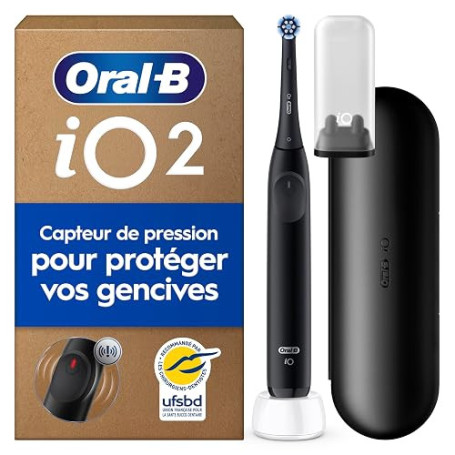 Oral-B Brosse à Dents Electrique iO 2 avec 1 Brossette de Rechange, Noire | 3 Modes de Brossage Silencieux dont Douceur, Capteur