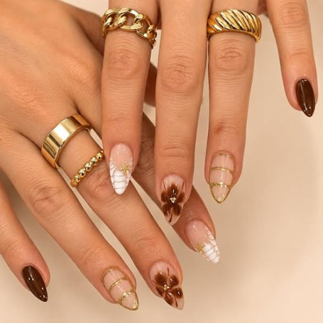 Luxorielle 24 pièces faux ongles automne, faux ongles automne, faux ongles | Press On Nails Automne, Fleurs brunes en forme d'am