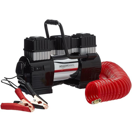Amazon Basics Numérique Compresseur d'air portable avec une paire de pinces pour batterie et étui de transport, Noir/Rouge