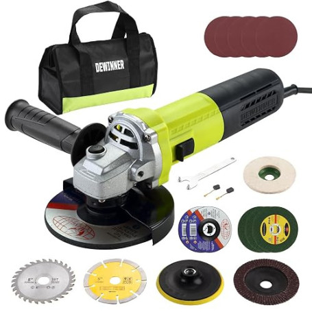DEWINNER Meuleuse D'angle 125mm 1000W 2000-12000 trs/min Avec 20 Accessoires, Meuleuses D'angle Avec Sac à Main en Toile, Disque