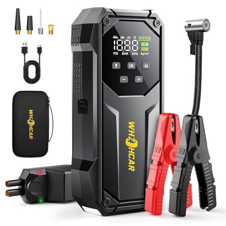 Booster Batterie 10000A Démarreur Auto 160PSI Gonfleur 12V Essence Diesel | Compresseur Portatif LCD LED Lumière 600Lm Protectio