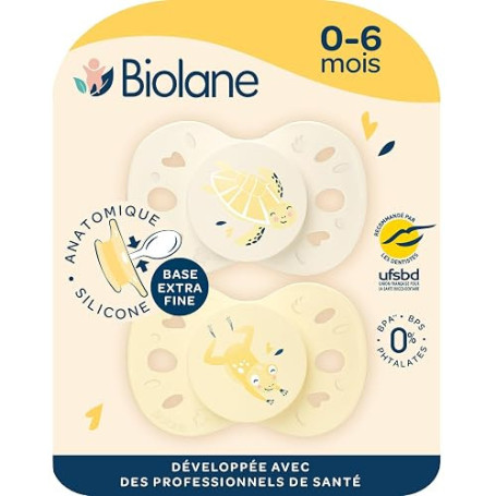 BIOLANE - Tétines anatomiques animaux - Sucettes extra-fines - 0 à 6 mois- Jaune et Beige - Téterelle plate et réversible- Confo