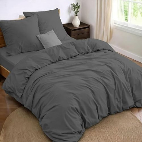 Dreamzie - Parure de Lit 180x200-4 Pièces - Grise - Microfibre Douce | Housse de Couette 220x240 · 2 Taies Oreiller 65x65 · Drap