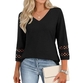 Cuptacc Tee Shirt Femme Manches 3/4 Col V Chemisier Décontracté Haut | Automne,Été,Printemps,Élégante,Manches 3/4,Basic,Casual,M