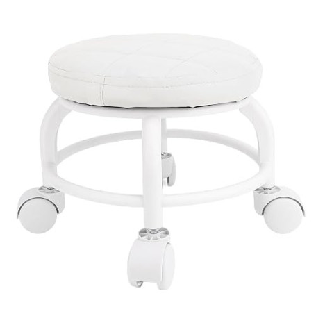 Tabouret Roulant Rond, Tabouret Roulant Bas en Cuir PU, Petit Tabouret Bas Pivotant à 360 ° avec roulettes, Chaise Basse à Siège