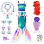 YYDSXK Deguisement Sirène Fille, avec Perruque et Ensemble de Colliers | Robe Princesse Sirene Fille, Costume Carnaval Enfant, C