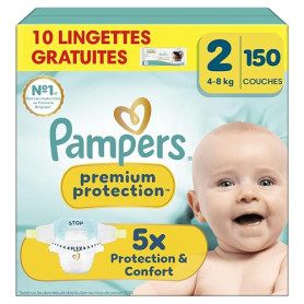 Pampers Premium Protection Couches Taille 2 x150 + 10 Lingettes Bébé | 4kg-8kg. Notre N°1 Pour La Protection De La Peau Et Contr