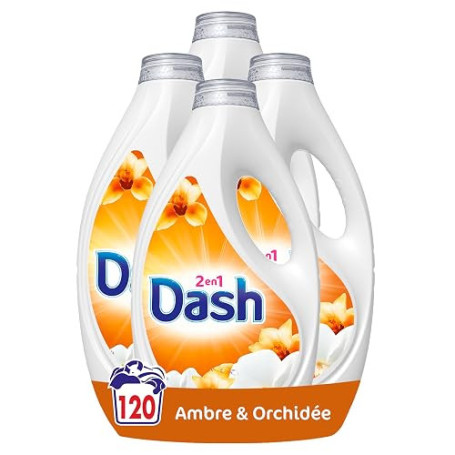 Dash 2en1 Lessive Liquide Ambre & Orchidée x120 | 120 lavages (4X30) | 120 lavages (4X30). Parfum Ambre & Orchidée. Jusqu'à 3 se