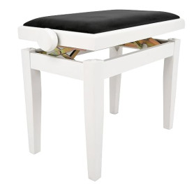 Juan Miguel Navarrez Banc de piano Élégance blanc brillant - Bois massif - Réglable en hauteur grâce à un mécanisme à ciseaux -