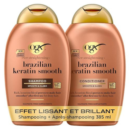 OGX Shampooing + Après-Shampooing Lissant Kératine Brésilienne, 2x385 ml | Rend les cheveux lisses et doux dès la 1ère utilisati