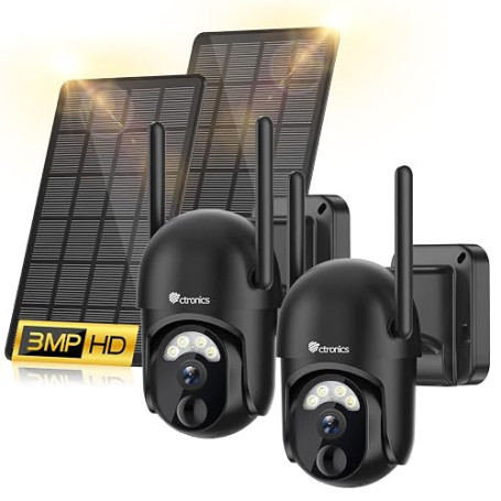 Ctronics 2K Caméra Surveillance WiFi Extérieur Solaire, 360°PTZ IP Caméra de Surveillance sans Fil sur Batterie 2304X1296P Visio