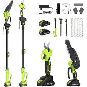 Tronçonneuse et Sécateur Électrique Télescopique, 4-en-1 Ensemble d’Outils de Jardin avec 4 Chaînes 2 Batteries Taille Haies Tel