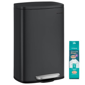 SONGMICS Poubelle Cuisine 50 L, Poubelle Bureau, Fermeture en Douceur, avec Pédale, en Acier, Seau Intérieur, Noir LTB050B02