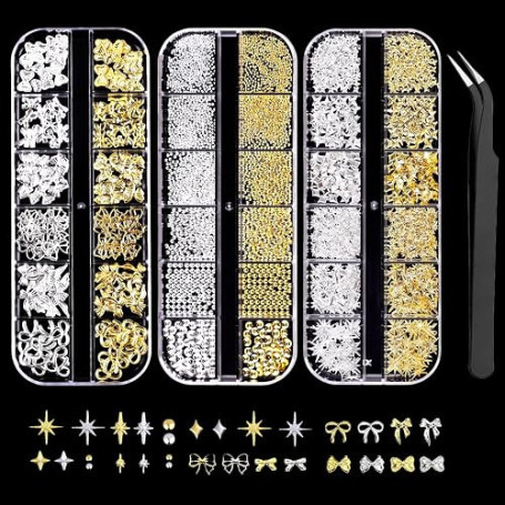GZMAYUEN Lot de 3 boîtes Strass Ongle Nail Art avec Bijoux Ongles - Or et Argent Métalliques Deco Ongle Nail Art