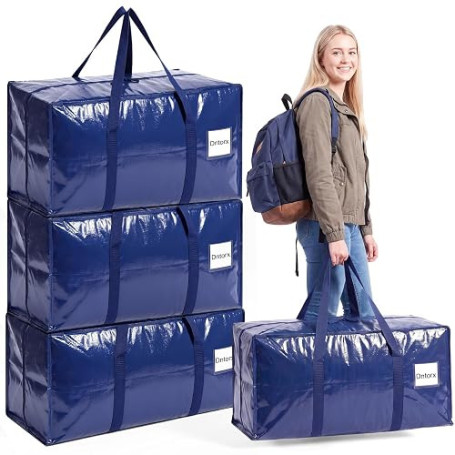 Dntorx Lot de 4 sacs de déménagement robustes de 90 l - Grand format - Bleu | Grande ouverture en forme de L, étanche, charge lo