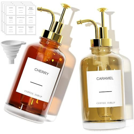 Lot de 2 distributeurs de sirop à café, 500 ml, bouteille de sirop en verre avec pompes élégantes et 36 étiquettes, entonnoir et