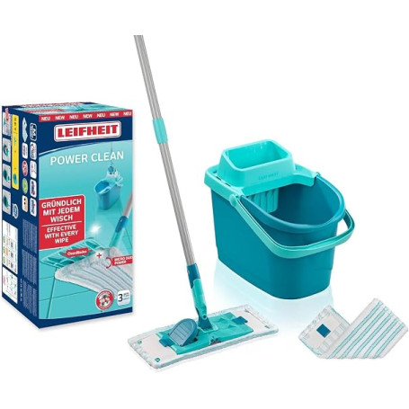 Leifheit Set Balai Serpillière Seau essoreur Power Clean M, 2 Housses | Technologie CleanBlade avec housses Micro Duo, largeur 3
