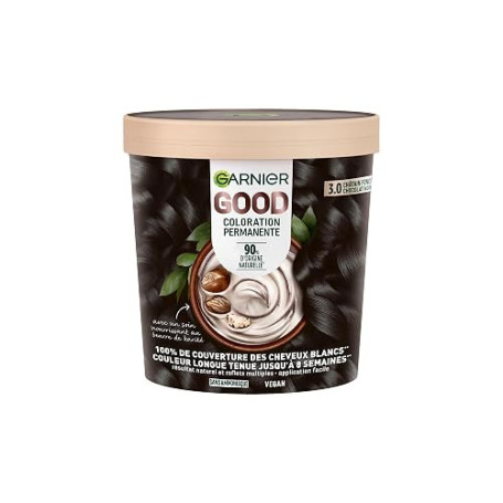 Garnier Good Coloration Permanente Sans Ammoniaque Châtain Foncé 3.0 | 90% ingrédients origine naturelle, Formule vegan beurre k