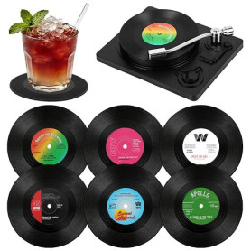 AOOWU Sous-Verres Rétro Vinyle, 6PCS sous-verres disque en vinyle (LP), Dessous de Verre Vinyle Rétro CD sous Verres, Dessous de