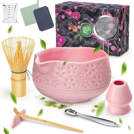 LumenVela Matcha Kit, 10 Pièces Kit Matcha Complet Rose Bol Matcha bec Verseur avec Fouet Matcha, Passoire, Cuillere Matcha Coff