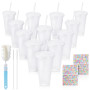 12Pièces Reutilisable Gobelet Plastique avec Couvercle et Paille 710ML 24OZ | avec Brosse à Tasse Autocollant Gobelet avec Paill
