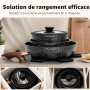 Kitchen Academy Lot de 10 Casseroles et Poêles,Poignée Amovibl,Noir | Couvercles en Verre et Revêtement en Marbre et Revêtement