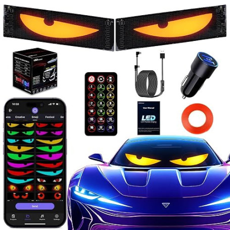 LED Auto Yeux “Devil Eyes” – Écran LED Programmable USB pour Pare-Brise/Lunette Arrière, Étanche, Ultra-Fin et Flexible, Panneau