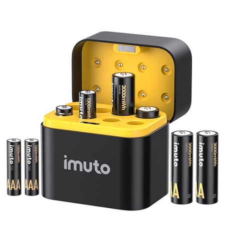 imuto Rechargeables Piles AA 1,5V Lithium AAA 1300mWh 4PCS, AA 3000mWh 4PCS（ avec Chargeur à 8 emplacements），1600 Cycles pour Ap