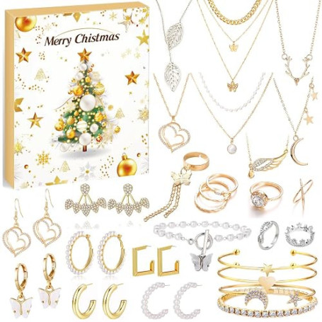 Calendrier de l'avent Bijoux argent et or, Calendrier de l'avent 2026 Femme | Bracelet Collier Bague Boucles d'oreilles 24 Surpr