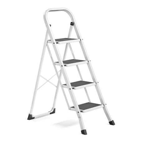 SONGMICS Marchepied 4 Marches Pliable, Escabeau, Charge 150 kg | Verrou de Sécurité, Facile à Ranger, Blanc, Collection BRODY GS
