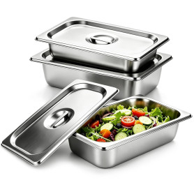 Lot de 3 bols à paner avec couvercle en acier inoxydable, 32,5 x 17,6 x 6,5 cm, récipient GN 1/3, kit de panure pour côtelettes,