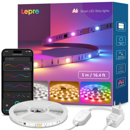 Lepro S2 IA Ruban LED Connecté RGB+CCT 5M, Bande LED Contrôle Segmenté | IA personnalisé, WiFi, contrôle vocal, App, sync musiqu