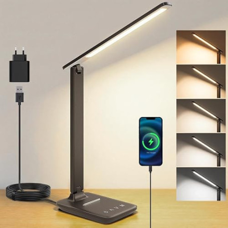 UPXNBOR Lampe de Bureau LED, Lampe de Table pour Lecture et Travail | Confort Visuel, Intensité Réglable, Port USB-A, 5 Températ