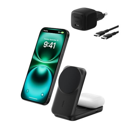 Belkin UltraCharge Chargeur Magnétique 2-en-1 avec Qi2, 25 W - Noir | Qi2.2, Refroidissement, USB-C, Station De Recharge MagSafe