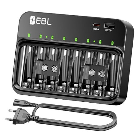 EBL Chargeur de Piles AA AAA 9V NiMH NiCD, PD 20W Chargeur Piles Universel | Rapide Charge, 2 Sortie USB C et Micro USB pour Cha