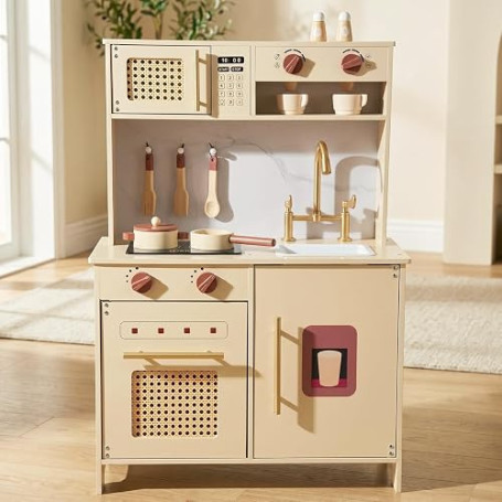 WOODENFUN Cuisine Jeu rétro crème Bois Micro-Ondes Four évier, Jeu de rôle 3 Ans(Jaune)