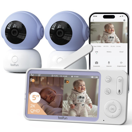 BOIFUN 2K 5" Babyphone 2 Caméra avec Application Telephone, Rotation à 360°, Surveillance des Mouvements & Suivi Automatique, Dé