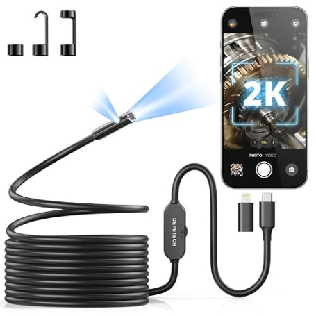 DEPSTECH 2K Camera Endoscopique: Endoscope Double Objectif QHD 2560p, Câble Flexible 5m pour iPhone et Android, Outil Industriel