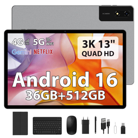FLYCOAY Android 16 Tablette 13 Pouces, 36Go+512Go/TF 2TB, Octa-Core ave 2944 * 1840 FHD, Dual SIM 4G LTE/5G WiFi, 11580mAh, 4-Sp