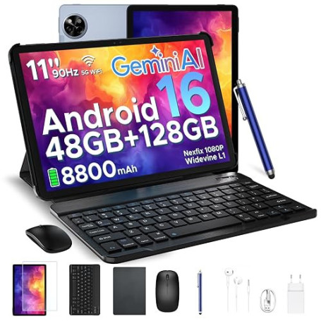 P11 Tablette 11 Pouces, Gemini AI Tablette Android 16, 48Go de RAM+128Go ROM (2To TF), 120Hz, T7250 Octa-Core, 8800mAh, 13MP + 5