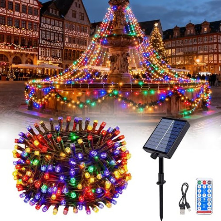 Hopelit Guirlande Solaire Exterieur, Guirlande Lumineuse Exterieure Solaire 20M 200 LED, Multicolore, Étanche 8 Modes Guirlande