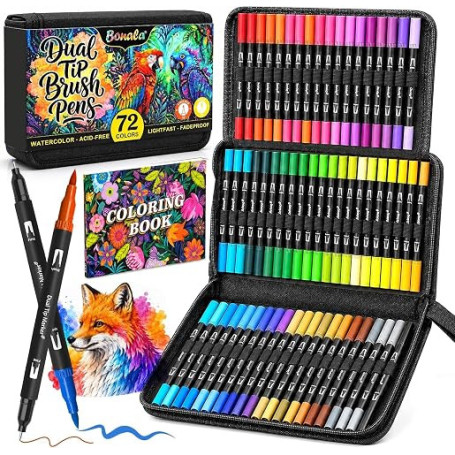 Bonala Feutres Coloriage Adulte 72 Couleurs, Feutre Pinceau & Aquarelle Double Pointe Fine, Stylo Feutre Pointe Fine pour Dessin