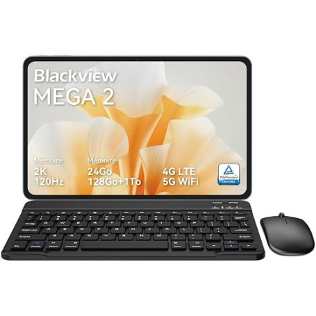 Blackview Mega2 Tablette 12 Pouces Android 15 Tablets, 24 Go de RAM + 128 Go de ROM, 120Hz 2K FHD Tablette de Jeu avec Clavier,