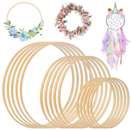 Cercle en Bois, 15Pcs Cercle Attrape Rêve, Anneaux Attrape Rêve en Bois, Cerceau Floral pour Décoration de Couronne de Noël, Att